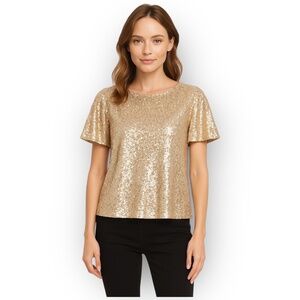 NWT Hilary Radley Sequin Flutter Sleeve Blouse Champagne Size Small